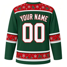Load image into Gallery viewer, Ugly Christmas Cardinal Snowfall Hockey Jersey in Evergreen, back view with a snowflake and holly yoke, round-cardinal and holly sleeve and hem bands, arched YOUR NAME lettering and 00 – custom name and number