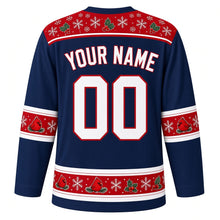 Load image into Gallery viewer, Ugly Christmas Cardinal Snowfall Hockey Jersey in Winter Navy, back view with a snowflake and holly yoke, round-cardinal and holly sleeve and hem bands, arched YOUR NAME lettering and 00 – custom name and number