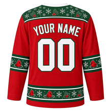 Load image into Gallery viewer, Ugly Christmas Cardinal Snowfall Hockey Jersey in Cranberry Red, back view with a snowflake and holly yoke, round-cardinal and holly sleeve and hem bands, arched YOUR NAME lettering and 00 – custom name and number