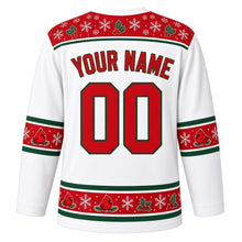 Load image into Gallery viewer, Ugly Christmas Cardinal Snowfall Hockey Jersey in Snow White, back view with a snowflake and holly yoke, round-cardinal and holly sleeve and hem bands, arched YOUR NAME lettering and 00 – custom name and number