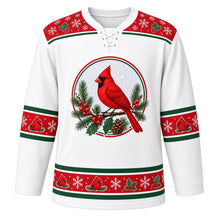 Load image into Gallery viewer, Ugly Christmas Cardinal Snowfall Hockey Jersey in Snow White, front view – snow white body with red holly-and-snowflake yoke with a round crest of a red cardinal on a snowy pine branch with berries, holly and a pinecone, plus round-cardinal, snowflake and holly bands – custom name and number