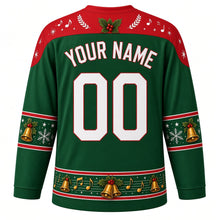 Load image into Gallery viewer, Ugly Christmas Caroling Choir Hockey Jersey in Holly Green, back view with a music note and bell yoke, lantern and note sleeve bands, songbook hem band, arched YOUR NAME lettering and 00 – custom name and number