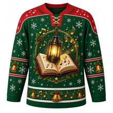 Load image into Gallery viewer, Ugly Christmas Caroling Choir Hockey Jersey in Holly Green, front view – holly green body with red yoke with a round lantern-and-songbook crest with golden music notes and brass bells, note-and-bell yoke, lantern sleeve bands and a songbook hem band – custom name and number