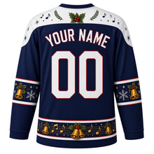 Load image into Gallery viewer, Ugly Christmas Caroling Choir Hockey Jersey in Winter Navy, back view with a music note and bell yoke, lantern and note sleeve bands, songbook hem band, arched YOUR NAME lettering and 00 – custom name and number