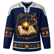 Load image into Gallery viewer, Ugly Christmas Caroling Choir Hockey Jersey in Winter Navy, front view – winter navy body with silver yoke with a round lantern-and-songbook crest with golden music notes and brass bells, note-and-bell yoke, lantern sleeve bands and a songbook hem band – custom name and number