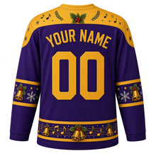 Load image into Gallery viewer, Ugly Christmas Caroling Choir Hockey Jersey in Royal Purple, back view with a music note and bell yoke, lantern and note sleeve bands, songbook hem band, arched YOUR NAME lettering and 00 – custom name and number
