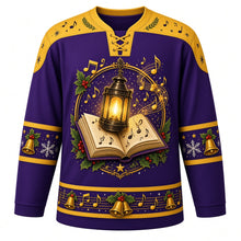 Load image into Gallery viewer, Ugly Christmas Caroling Choir Hockey Jersey in Royal Purple, front view – royal purple body with gold yoke with a round lantern-and-songbook crest with golden music notes and brass bells, note-and-bell yoke, lantern sleeve bands and a songbook hem band – custom name and number