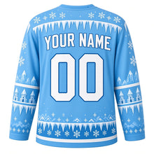 Load image into Gallery viewer, Ugly Christmas Ice Castle Kingdom Hockey Jersey in Glacier Blue, back view with a white icicle and snowflake yoke, ice-crystal and turret sleeve bands, an icicle and snowflake hem band, white YOUR NAME and 00 – your name and number