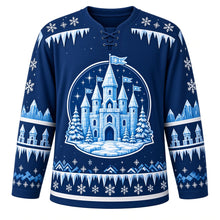 Load image into Gallery viewer, Ugly Christmas Ice Castle Kingdom Hockey Jersey in Midnight Navy, front view – sparkling ice castle of crystal blocks with turrets and snowflake flags on an ice floe, white icicle yoke, ice-crystal and turret sleeve bands – custom name and number