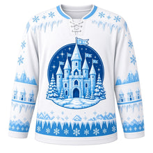 Load image into Gallery viewer, Ugly Christmas Ice Castle Kingdom Hockey Jersey in Frost White, front view – glacier-blue ice castle with snowflake pennants and frosted pines inside a deep blue starry medallion, icy blue icicle yoke and turret sleeve bands – custom name and number