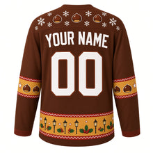 Load image into Gallery viewer, Ugly Christmas Roasted Chestnut Cart Hockey Jersey in Chestnut Brown, back view with a chestnut-and-snowflake yoke, chestnut sleeve bands, a street lamp and holly hem band, YOUR NAME lettering and 00 – custom name and number