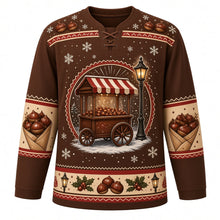 Load image into Gallery viewer, Ugly Christmas Roasted Chestnut Cart Hockey Jersey in Chestnut Brown, front view – chestnut brown body with a chestnut-and-snowflake yoke with an old-fashioned striped-awning street cart of steaming roasted chestnuts beside a glowing street lamp in the snow, plus paper cones of chestnuts on the sleeves and a street lamp and holly hem band – custom name and number