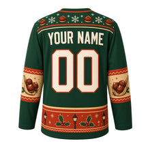 Load image into Gallery viewer, Ugly Christmas Roasted Chestnut Cart Hockey Jersey in Forest Green, back view with a chestnut-and-snowflake yoke, chestnut sleeve bands, a street lamp and holly hem band, YOUR NAME lettering and 00 – custom name and number