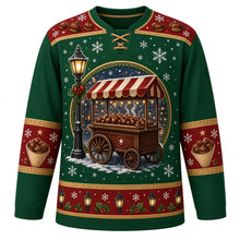 Load image into Gallery viewer, Ugly Christmas Roasted Chestnut Cart Hockey Jersey in Forest Green, front view – forest green body with a red chestnut-and-snowflake yoke with an old-fashioned striped-awning street cart of steaming roasted chestnuts beside a glowing street lamp in the snow, plus paper cones of chestnuts on the sleeves and a street lamp and holly hem band – custom name and number