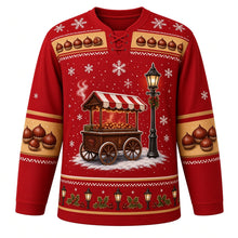 Load image into Gallery viewer, Ugly Christmas Roasted Chestnut Cart Hockey Jersey in Ember Red, front view – ember red body with a chestnut-and-snowflake yoke with an old-fashioned striped-awning street cart of steaming roasted chestnuts beside a glowing street lamp in the snow, plus rows of roasted chestnuts on the sleeves and a street lamp and holly hem band – custom name and number