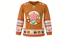 Load image into Gallery viewer, Ugly Christmas Cookie Bake-Off Hockey Jersey in Cinnamon Brown, front view – cinnamon brown body with a round sugar-cookie, rolling-pin and whisk crest, cookie yoke, apron and cookie-cutter sleeve bands and an oven hem band – custom name and number