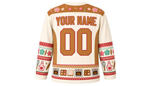Load image into Gallery viewer, Ugly Christmas Cookie Bake-Off Hockey Jersey in Vanilla Cream, back view with an iced-cookie yoke, apron and cookie-cutter sleeve bands, oven hem band, arched YOUR NAME lettering and 00 – custom name and number
