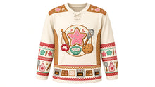 Load image into Gallery viewer, Ugly Christmas Cookie Bake-Off Hockey Jersey in Vanilla Cream, front view – vanilla cream body with a round sugar-cookie, rolling-pin and whisk crest, cookie yoke, apron and cookie-cutter sleeve bands and an oven hem band – custom name and number