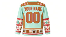Load image into Gallery viewer, Ugly Christmas Cookie Bake-Off Hockey Jersey in Spearmint Green, back view with an iced-cookie yoke, apron and cookie-cutter sleeve bands, oven hem band, arched YOUR NAME lettering and 00 – custom name and number