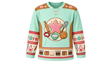 Load image into Gallery viewer, Ugly Christmas Cookie Bake-Off Hockey Jersey in Spearmint Green, front view – spearmint green body with a round sugar-cookie, rolling-pin and whisk crest, cookie yoke, apron and cookie-cutter sleeve bands and an oven hem band – custom name and number