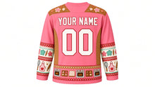 Load image into Gallery viewer, Ugly Christmas Cookie Bake-Off Hockey Jersey in Strawberry Pink, back view with an iced-cookie yoke, apron and cookie-cutter sleeve bands, oven hem band, arched YOUR NAME lettering and 00 – custom name and number