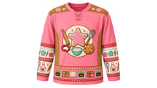 Load image into Gallery viewer, Ugly Christmas Cookie Bake-Off Hockey Jersey in Strawberry Pink, front view – strawberry pink body with a round sugar-cookie, rolling-pin and whisk crest, cookie yoke, apron and cookie-cutter sleeve bands and an oven hem band – custom name and number