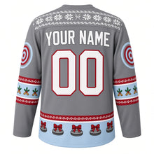 Load image into Gallery viewer, Ugly Christmas Curling Stone Cheer Hockey Jersey in Granite Gray, back view with a festive snowflake yoke, holly and broom sleeve bands, a hem band of curling stones wearing bows, arched YOUR NAME lettering and 00 – custom name and number