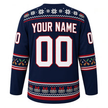 Load image into Gallery viewer, Ugly Christmas Curling Stone Cheer Hockey Jersey in Midnight Navy, back view with a festive snowflake yoke, holly and broom sleeve bands, a hem band of curling stones wearing bows, arched YOUR NAME lettering and 00 – custom name and number