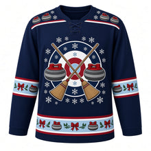 Load image into Gallery viewer, Ugly Christmas Curling Stone Cheer Hockey Jersey in Midnight Navy, front view – midnight navy body and crossed curling brooms over target rings flanked by two granite curling stones with a curling-stone and bow yoke, target-ring shoulder patches and bow and holly sleeve bands – custom name and number