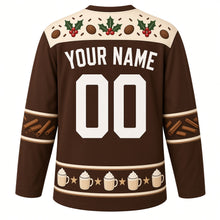 Load image into Gallery viewer, Ugly Christmas Eggnog Cheers Hockey Jersey in Nutmeg Brown, back view with a cream holly and nutmeg yoke, cinnamon stick sleeve bands, an eggnog mug and star hem band, YOUR NAME and 00 – your name and number