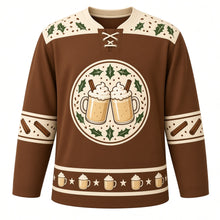 Load image into Gallery viewer, Ugly Christmas Eggnog Cheers Hockey Jersey in Nutmeg Brown, front view – round crest of two clinking eggnog mugs with whipped cream, cinnamon sticks and holly, cream nutmeg-speckled holly yoke, cinnamon stick sleeve bands and a mug-and-star hem band – custom name and number