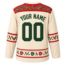 Load image into Gallery viewer, Ugly Christmas Eggnog Cheers Hockey Jersey in Vanilla Cream, back view with a red holly-and-berry yoke, cinnamon and holly sleeve bands, a holiday mug hem band, green YOUR NAME and 00 – your name and number