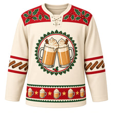 Load image into Gallery viewer, Ugly Christmas Eggnog Cheers Hockey Jersey in Vanilla Cream, front view – two clinking eggnog mugs with whipped cream and cinnamon sticks in a holly wreath, red holly yoke, cinnamon stick sleeve bands and a red mug-and-star hem band – custom name and number
