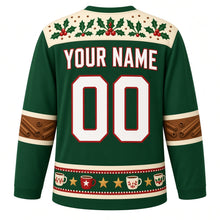Load image into Gallery viewer, Ugly Christmas Eggnog Cheers Hockey Jersey in Evergreen, back view with a cream holly-and-berry yoke, cinnamon stick sleeve bands, a mug and star hem band, YOUR NAME and 00 – your name and number