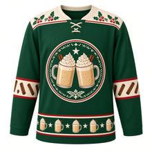 Load image into Gallery viewer, Ugly Christmas Eggnog Cheers Hockey Jersey in Evergreen, front view – round crest of two clinking eggnog mugs with whipped cream, cinnamon sticks and a star, cream holly-and-berry yoke, cinnamon stick sleeve bands and a mug-and-star hem band – custom name and number