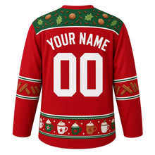 Load image into Gallery viewer, Ugly Christmas Eggnog Cheers Hockey Jersey in Holly Red, back view with a green holly, nutmeg and cinnamon yoke, cinnamon stick sleeve bands, a festive mug hem band, YOUR NAME and 00 – your name and number