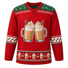 Load image into Gallery viewer, Ugly Christmas Eggnog Cheers Hockey Jersey in Holly Red, front view – two big clinking eggnog mugs with whipped cream and cinnamon sticks, green holly yoke, cinnamon stick sleeve bands and a mug-and-star hem band – custom name and number