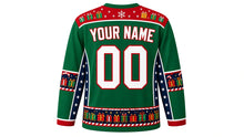 Load image into Gallery viewer, Ugly Christmas North Pole Express Hockey Jersey in Emerald Green, back view with a gift-box and star yoke, candy-cane track sleeve bands, train-car hem band, YOUR NAME lettering and 00 – custom name and number