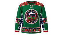 Load image into Gallery viewer, Ugly Christmas North Pole Express Hockey Jersey in Emerald Green, front view – emerald green body with a round toy-steam-train, gift-car and candy-cane-track crest, gift-box yoke, candy-cane track sleeve bands and a train-car hem band – custom name and number