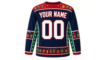 Load image into Gallery viewer, Ugly Christmas North Pole Express Hockey Jersey in Midnight Navy, back view with a gift-box and star yoke, candy-cane track sleeve bands, train-car hem band, YOUR NAME lettering and 00 – custom name and number