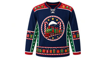 Load image into Gallery viewer, Ugly Christmas North Pole Express Hockey Jersey in Midnight Navy, front view – midnight navy body with a round toy-steam-train, gift-car and candy-cane-track crest, gift-box yoke, candy-cane track sleeve bands and a train-car hem band – custom name and number