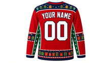 Load image into Gallery viewer, Ugly Christmas North Pole Express Hockey Jersey in Candy Red, back view with a gift-box and star yoke, candy-cane track sleeve bands, train-car hem band, YOUR NAME lettering and 00 – custom name and number