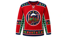 Load image into Gallery viewer, Ugly Christmas North Pole Express Hockey Jersey in Candy Red, front view – candy red body with a round toy-steam-train, gift-car and candy-cane-track crest, gift-box yoke, candy-cane track sleeve bands and a train-car hem band – custom name and number