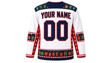 Load image into Gallery viewer, Ugly Christmas North Pole Express Hockey Jersey in Snow White, back view with a gift-box and star yoke, candy-cane track sleeve bands, train-car hem band, YOUR NAME lettering and 00 – custom name and number