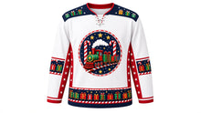 Load image into Gallery viewer, Ugly Christmas North Pole Express Hockey Jersey in Snow White, front view – snow white body with a round toy-steam-train, gift-car and candy-cane-track crest, gift-box yoke, candy-cane track sleeve bands and a train-car hem band – custom name and number
