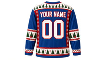 Load image into Gallery viewer, Ugly Christmas Tree Farm Hockey Jersey in Denim Blue, back view with a pine-tree and snowflake yoke, tree and bow sleeve bands, tree-row hem band, YOUR NAME lettering and 00 – custom name and number