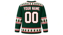 Load image into Gallery viewer, Ugly Christmas Tree Farm Hockey Jersey in Forest Green, back view with a pine-tree and snowflake yoke, tree and bow sleeve bands, tree-row hem band, YOUR NAME lettering and 00 – custom name and number
