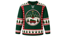 Load image into Gallery viewer, Ugly Christmas Tree Farm Hockey Jersey in Forest Green, front view – forest green body with a round decorated-pine, string-light and tree-wagon crest, pine-tree yoke, tree and bow sleeve bands and a tree-row hem band – custom name and number