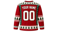 Load image into Gallery viewer, Ugly Christmas Tree Farm Hockey Jersey in Cranberry Red, back view with a pine-tree and snowflake yoke, tree and bow sleeve bands, tree-row hem band, YOUR NAME lettering and 00 – custom name and number