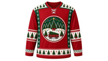 Load image into Gallery viewer, Ugly Christmas Tree Farm Hockey Jersey in Cranberry Red, front view – cranberry red body with a round decorated-pine, string-light and tree-wagon crest, pine-tree yoke, tree and bow sleeve bands and a tree-row hem band – custom name and number